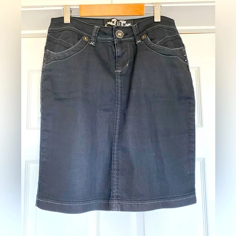 Used 1 More Denim Midi Skirt in Charcoal, Fits like a Size 28